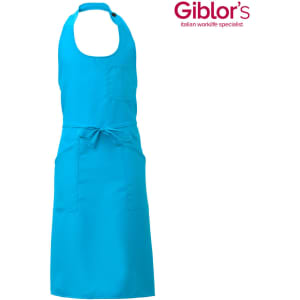 A turquoise apron with a tied waist, neck strap, and a front pocket, featuring a logo at the top.