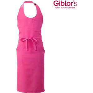 A pink apron featuring a pocket and a waist tie, with a logo on the top right corner.