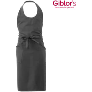 A grey Capri apron with a tied waist, featuring a pocket and a halter neck design, accompanied by a logo.