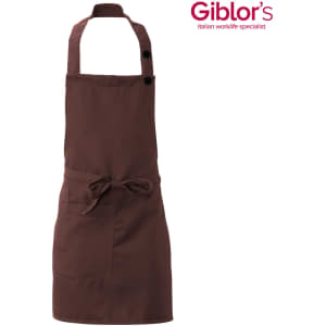 A brown apron with a neck strap, a waist tie, and a front pocket. It features a logo in the corner.