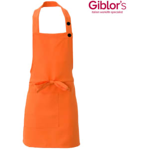 An orange apron with a neck strap, two buttons, and a front pocket. It features a logo in the top corner.