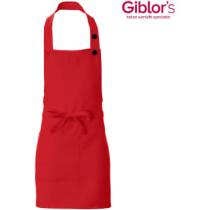 A red apron with a pocket and buttons, featuring a neck strap and waist ties. It includes a logo.
