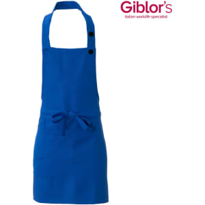 A blue apron with a tied waist and adjustable neck strap, featuring one pocket and a logo on the side.
