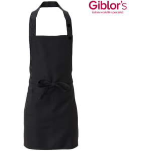 A black apron with adjustable neck straps and a waist tie, featuring one pocket and a logo.