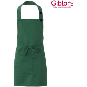 A green apron with adjustable neck straps, featuring a front pocket and a brand logo at the top.