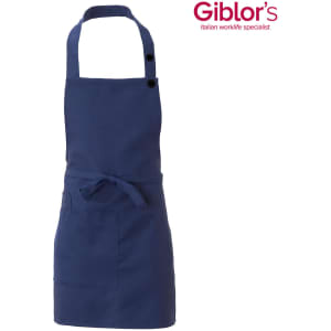 A blue apron with a neck strap, waist tie, and a front pocket. It features a logo at the top.
