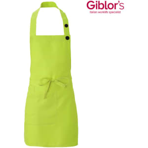 A lime green apron with a tie waist, neck strap, and buttons, featuring a pocket and a logo.