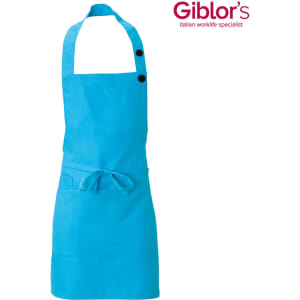 A blue apron with a pocket and buttons, featuring a neck strap and waist ties. Includes a logo.