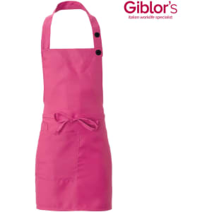 A pink apron with an adjustable neck strap and a front pocket, featuring black buttons and a branding logo.