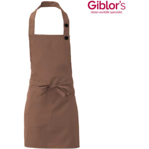 A brown apron with a neck strap, waist ties, and a pocket, featuring a logo at the top right.