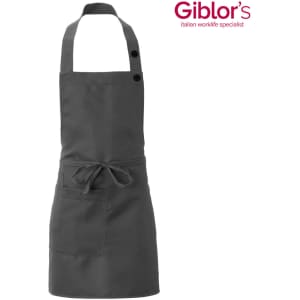 A dark grey apron with a neck strap, front pocket, and tie closure, featuring a logo on the side.