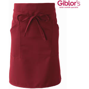 A burgundy apron with a tied waistband and two front pockets. It features a logo in the top corner.