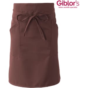 A brown apron with two front pockets and a tied waistband. It features a logo at the top.