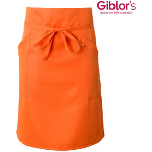 An orange apron with two front pockets and a tied waist, featuring a logo at the top.