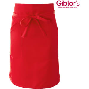 A red apron featuring a waist tie and two front pockets. It includes a logo on the upper right side.