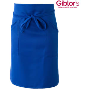 A blue apron with a tied waist and two front pockets. It includes a logo in the corner.