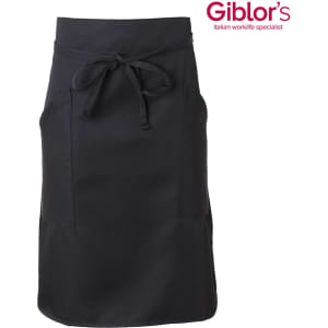 A black apron with a tie waist and pockets, featuring a logo in the top corner.