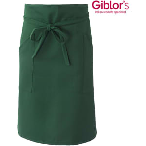 A green apron featuring a tie waist and two pockets, with a branding logo on the top right corner.