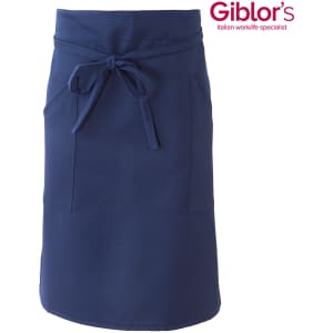A navy blue apron featuring a tie waist and pockets, accompanied by a logo in the upper corner.