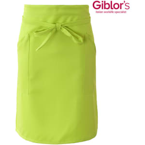 A green apron with a tie waist and two front pockets. It features a logo at the top.