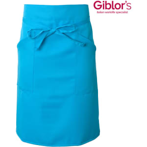 A turquoise apron with a tie at the waist and front pockets, featuring a logo at the top.
