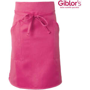 A pink apron with two front pockets and a tie at the waist, featuring a branding logo on the side.