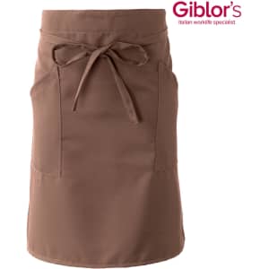 A brown apron with two front pockets and a waist bow tie, featuring a logo on the top right.
