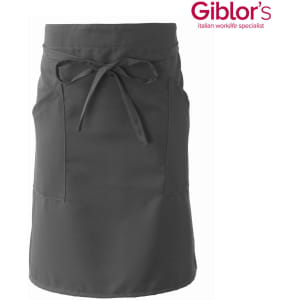 A charcoal grey apron featuring a tied waist and front pockets, with a logo in the corner.