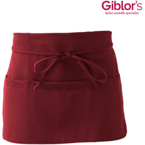 A burgundy pub apron with a waist tie and two front pockets. It features a logo in the upper corner.