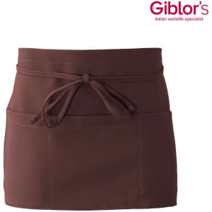 A brown apron with a tie and two front pockets; features a logo on the top.