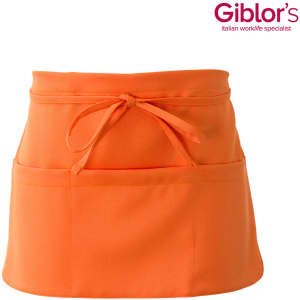 An orange apron with a tie front and two pockets, featuring a logo on the top right.