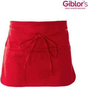 A bright red apron with ties, featuring two front pockets and a logo.