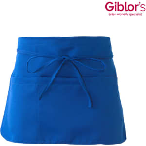 A blue pub apron with a waistband tie and two front pockets; features a logo on the top corner.