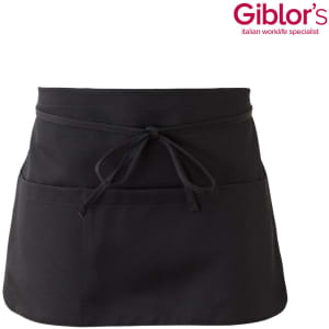 A black apron with a tied waist and two front pockets, featuring a logo at the top.