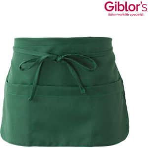 A green pub apron featuring a tie waist and front pockets, with a logo present.