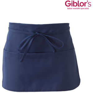 A navy blue apron with two front pockets and ties at the waist, featuring a logo in the corner.