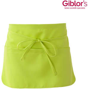 A lime green apron featuring a tie waist and a front pocket. The apron includes a logo in the upper corner.