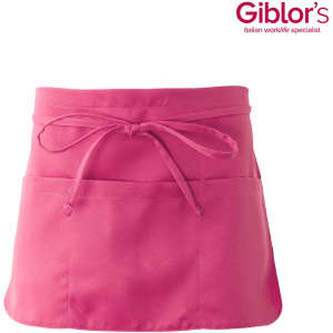 A pink apron with a tied waist and two front pockets, featuring a logo in the top corner.
