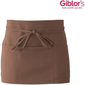 A brown apron featuring a front pocket and a tie waist, with a logo displayed in the top corner.