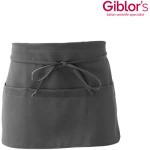 A grey apron with ties and two front pockets, featuring a logo.