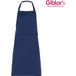A navy blue apron featuring a single front pocket and a neck strap, with a logo in the top corner.
