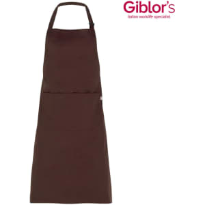 A brown apron with a pocket and an adjustable neck strap. Includes a branding logo in the corner.