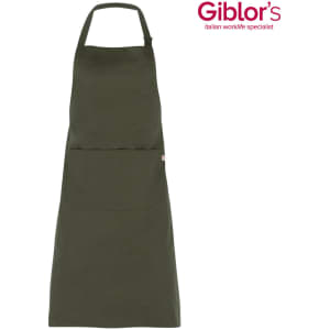 An olive green apron featuring a front pocket and a neck strap, with a branding logo visible.