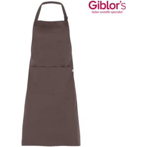 A brown apron featuring a front pocket and a neck strap, with a logo on the top right corner.