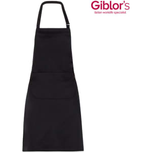 A black apron with a pocket and adjustable straps, featuring a logo on the top right corner.