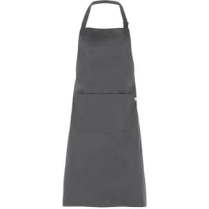 A grey apron featuring a front pocket and an adjustable neck strap, with a logo displayed on it.