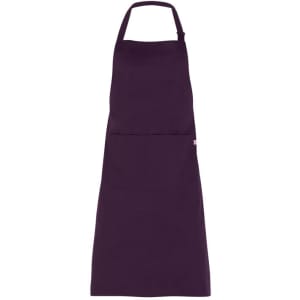 A purple apron featuring a large front pocket and a neck strap, with a logo on the side.