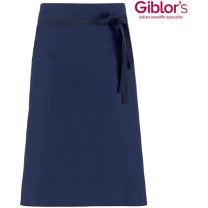 A navy blue apron with a waist tie and a front pocket. It features a logo on the upper right corner.
