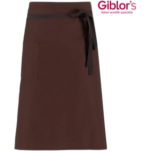 A brown apron with a waist tie and a front pocket, featuring a logo in the top corner.