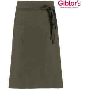 An olive green apron with a waist tie and a front pocket. It features a logo in the top corner.